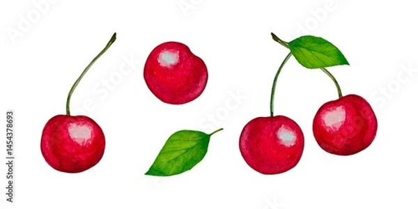 Fototapeta Set of illustrations with branches of juicy red cherries green leaves on a white background, made in watercolor technique. Bright and summery design.