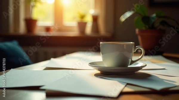 Fototapeta A warm beverage rests on a saucer near papers on a table bathed in sunlight streaming through a window