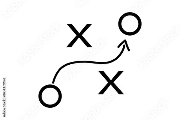 Fototapeta Strategy game plan. Tactic for soccer. Scheme for training of football team. Sport illustration on blackboard. Playbook of coach. Strategic organization on field for learning. Vector.