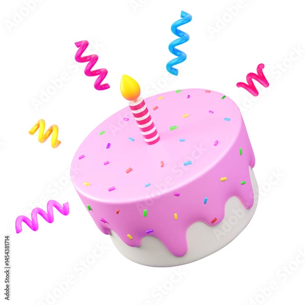 Obraz 3d vector illustration of a pink birthday cake with a striped candle, colorful sprinkles, and festive streamers. Ideas for celebration, party invitations, for festive occasions.