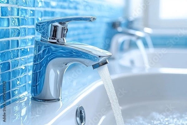 Fototapeta Water tap, faucet. Running water in the bathroom, open tap, running water. small depth of field