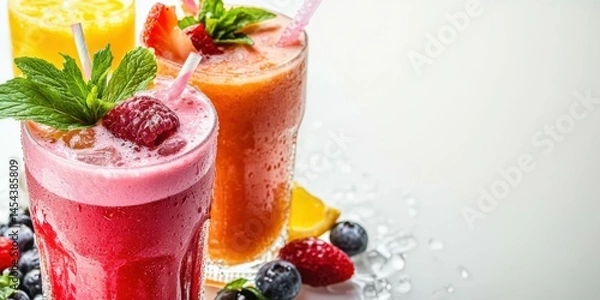 Fototapeta Refreshing fruit smoothies in colorful glasses with fresh berries and mint leaves on a bright background
