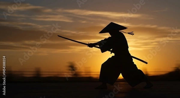 Obraz Samurai with Sword at Sunset