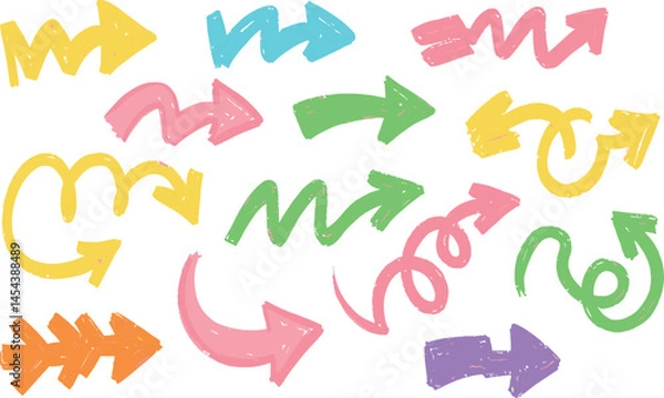 Fototapeta Brush arrow. Color hand drawn crayon thick arrows. Line vector icon. Pencil, marker, chalk, pastel or crayon texture scribble. Up and down bold shape. Thick circle rough bg. 