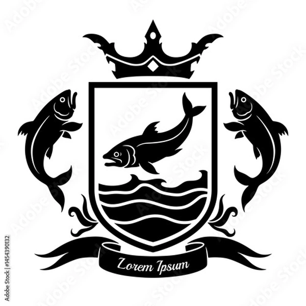Fototapeta Flat silhouette style coat of arms with three fishes on the white background. Vector illustration. Can be use as seafood themes. 
