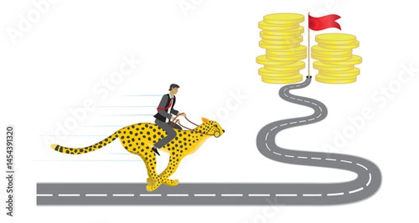 Obraz Man trying to making money as fast as he can. Investments and salary raising. Riding on running cheetah. Vector illustration.