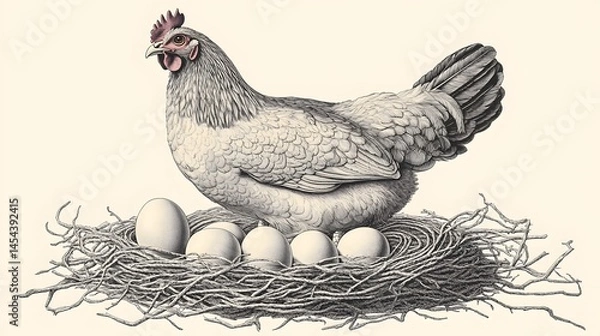 Fototapeta Detailed illustration of a hen with eggs in a nest.