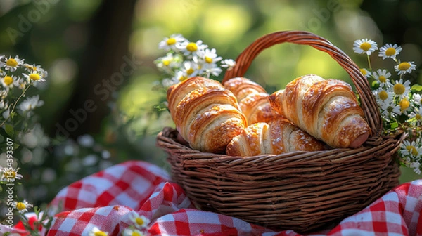 Fototapeta Fresh croissants in basket surrounded by flowers create delightful picnic scene