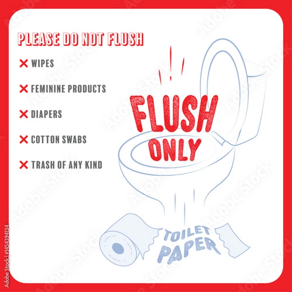 Obraz Toilet flushing guideline with bold red text "Please Do Not Flush" and list of items to avoid; includes toilet illustration “Flush Only Toilet Paper” message. Ideal for restrooms, public signage use.