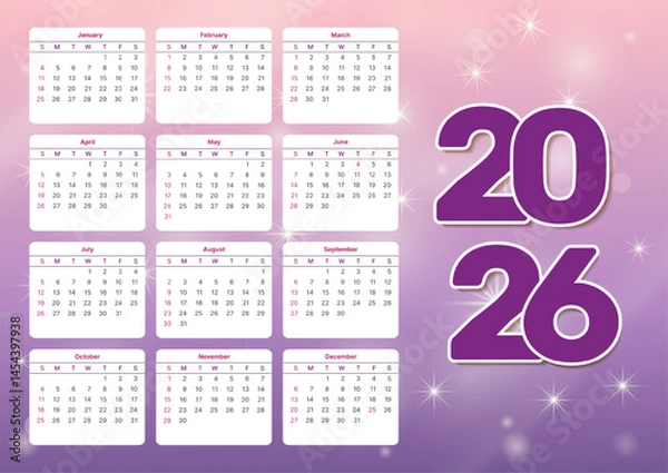 Fototapeta horizontal soft pastel calendar template for 2026, european template with week start on sunday