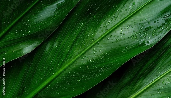 Fototapeta Lush green leaves with water droplets