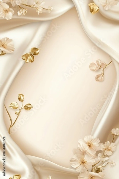 Obraz Ivory silk background with golden floral details and soft satin folds