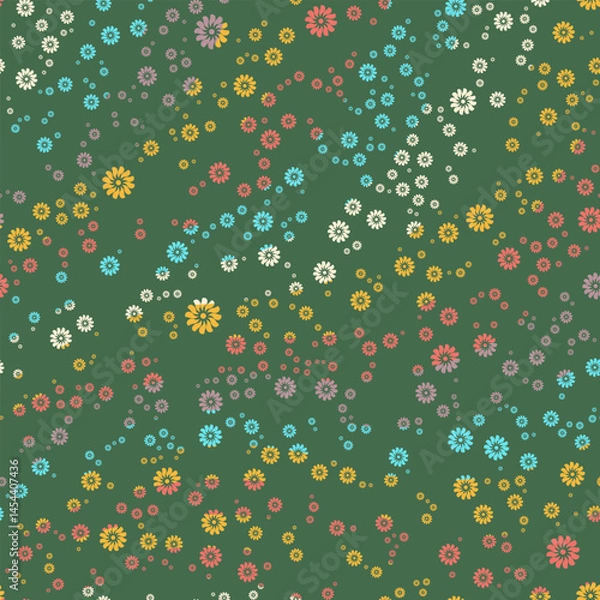 Fototapeta Scattering of flowers on a green background. Multicolored overflows. Flat style.