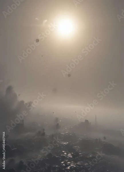 Fototapeta Dense, grey smog obscures the sun, leaving a hazy sky ,  unhealthy air,  atmospheric phenomenon,  limited visibility