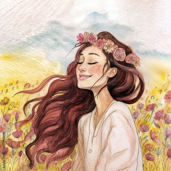 Obraz Watercolor illustration of a serene young woman with flowing hair and a flower crown, standing in a blooming meadow and enjoying the breeze — calm and nature-inspired.