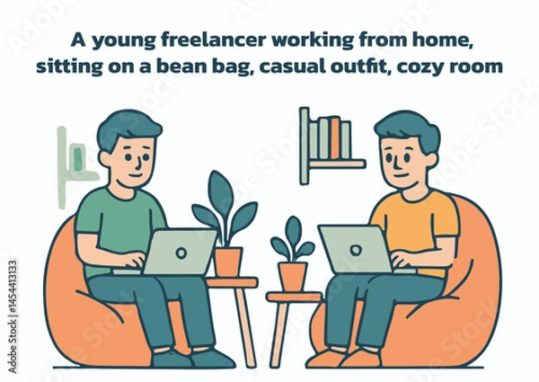 Obraz A cartoon vector of a young freelancer working from home on a laptop, sitting on a bean bag illustration