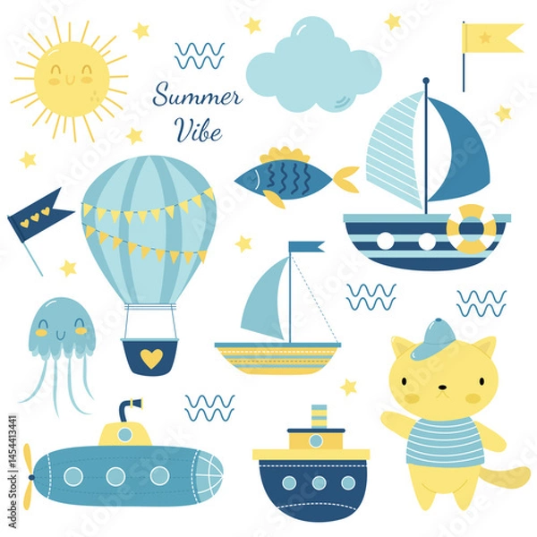 Fototapeta Summer set with marine elements for children
