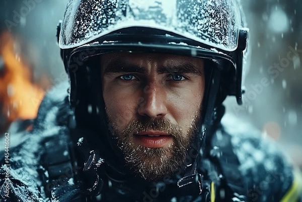 Fototapeta Brave Firefighter in Blizzard: A Portrait of Courage