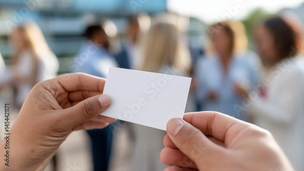 Fototapeta Close-up of hands exchanging white empty business cards at a networking event, blurred crowd in the background, natural lighting.