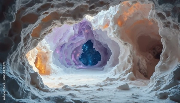 Fototapeta A massive dolomite rock formation glows softly with violet swirls and starry patterns inside a vast cave.