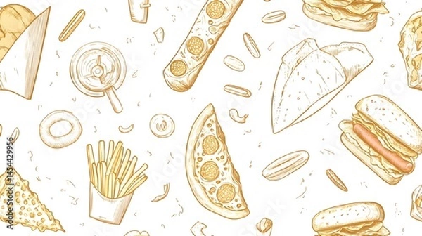 Fototapeta Hand-drawn fast food pattern on white background.