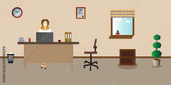Fototapeta Businesswoman on the working place in the office on the light pink background. Vector illustration. Table, clock, shoes, chair. plant. cactus. Perfect for advertising, brand sites and magazines