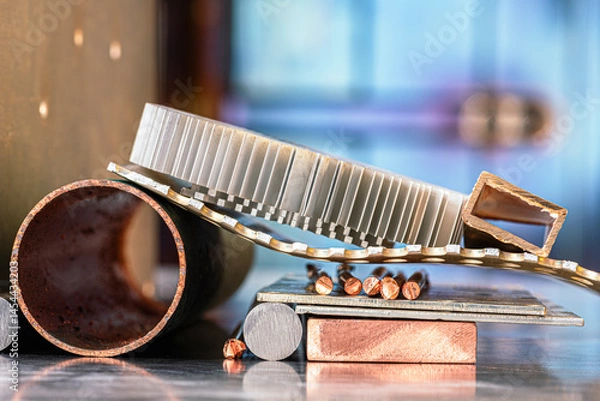 Obraz Materials and components made of non-ferrous metals, in an industrial space