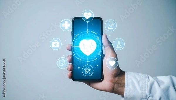 Fototapeta Hand holding smartphone displaying a digital heart and medical icons.  Modern healthcare technology concept.