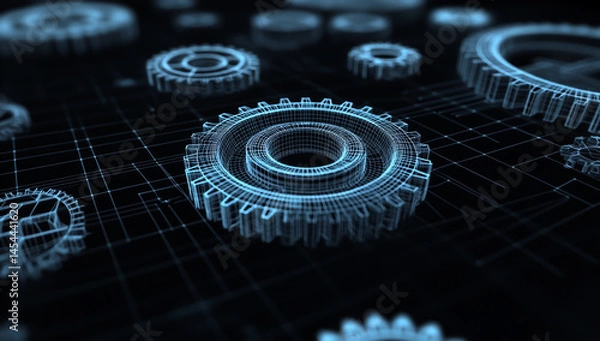 Fototapeta 3D wireframe of mechanical gears on a black background, design software interface overlay with tools for drawing and sprite sheet creation