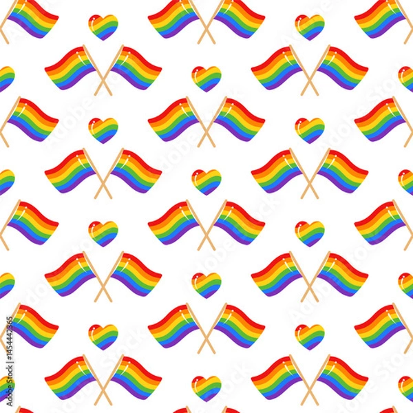 Fototapeta Pride month seamless pattern with rainbow LGBT flag on white background. LGBT Pride symbols on white background. Vector illustration for banner, poster, decor, greeting card. Print design textile.