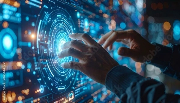 Fototapeta Hands interacting with futuristic holographic interface.  Sci-fi tech concept.