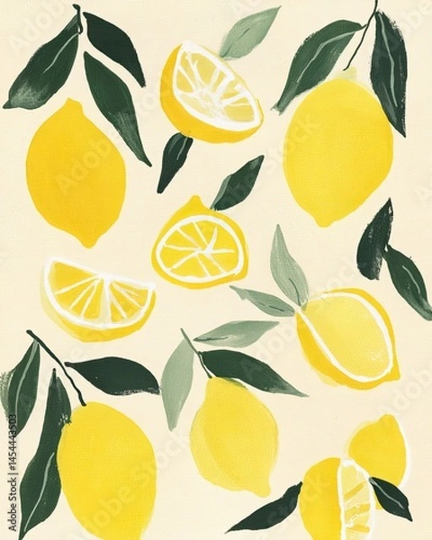 Obraz Bright yellow lemons and leaves create cheerful, fresh pattern o
