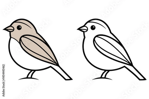 Fototapeta Two sparrow icons illustrate color and outline variations with black line work, transparent background