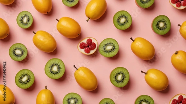Fototapeta Flat Lay Colorful Summer Fruits Mango Kiwi Berries Pastel Pink Background Fresh Tropical Arrangement Bright Composition Soft Surface Vibrant Display