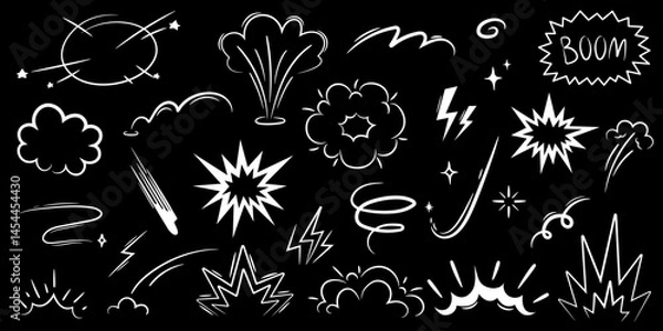 Fototapeta Cartoon effect, boom explosive motion line element set. Hand drawn sketch doodle action effects. Comic boom burst, explosive smoke. Speed line cartoon vector icon on black background.