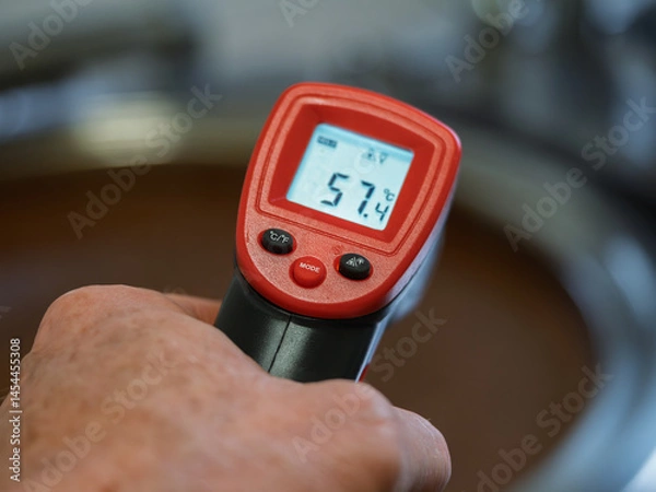 Fototapeta A person is holding a food checking digital thermometer that reads 57 degrees