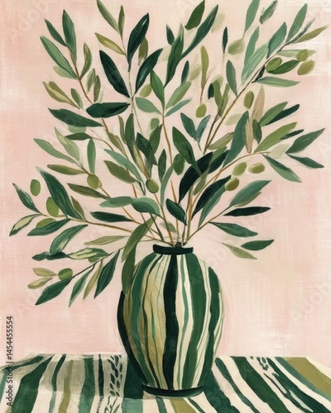Fototapeta Stylish vase with lush olive branches showcases harmonious green
