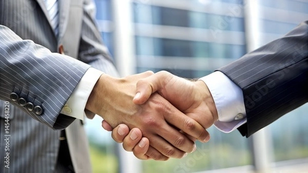 Fototapeta Two businessmen in suits shake hands in the office, sealing a successful partnership agreement