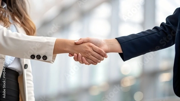 Fototapeta Businessmen in suits shaking hands in the office signify a successful partnership agreement among the team