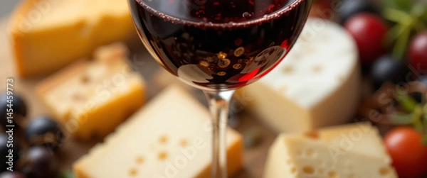 Fototapeta Closeup photo of red wine and cheese 