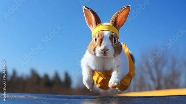 Fototapeta Playful bunny in mid-air jump, wearing yellow headband and outfit.