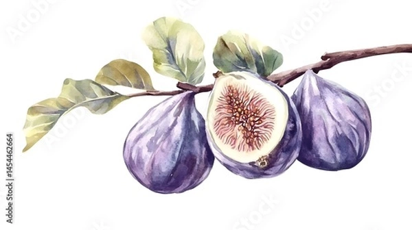 Fototapeta Watercolor illustration of figs on a branch.