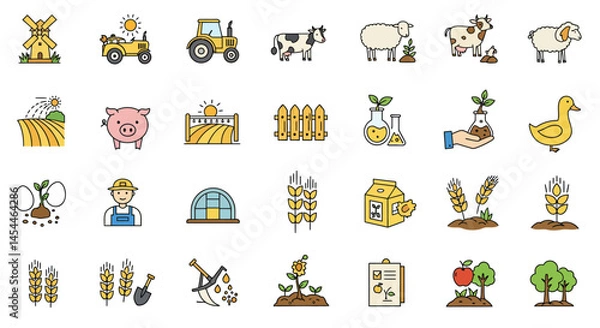 Fototapeta Farm and Agriculture Icons Windmill Tractor Pig Field Farmer and Crops