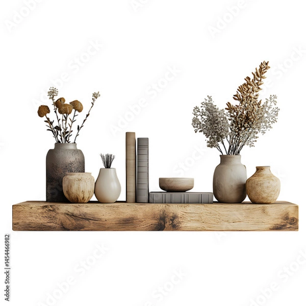 Obraz Wall shelf with decorative items, front view, isolated