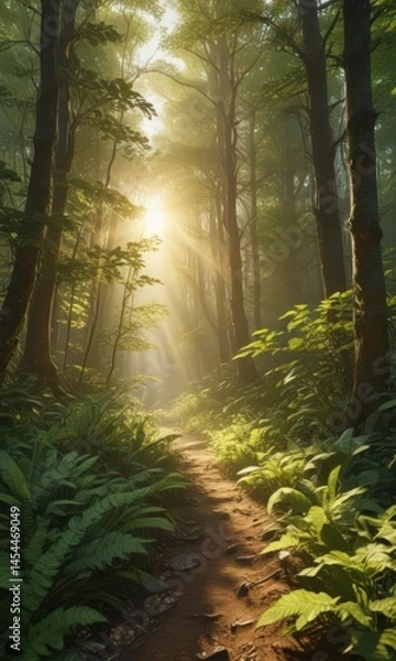 Obraz Golden sunlight filters through lush green leaves, dappling the forest floor ,  woodland,  greenery,  leaves