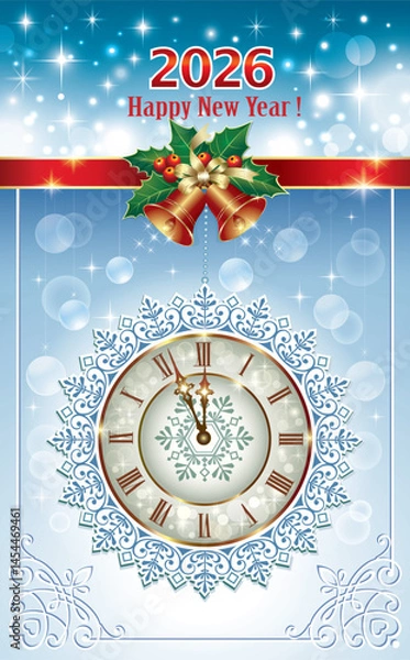 Obraz Happy New Year 2026. Christmas card with clock and snowflake on glowing blue background, decorated with ribbon and bells. Vector illustration for New Year's holiday design.