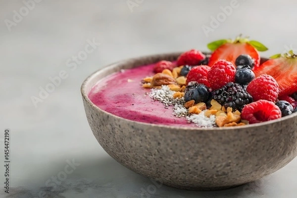Fototapeta Colorful Berry Smoothie Bowl with Nuts and Fresh Fruit Toppings