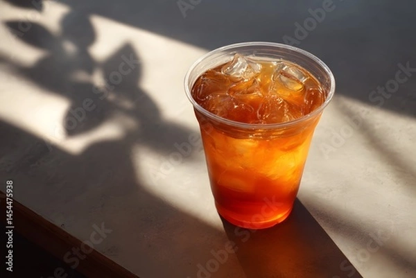 Fototapeta Refreshing Iced Beverage in Clear Cup with Natural Light Shadows
