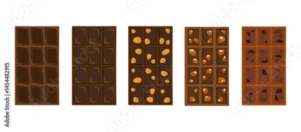 Fototapeta Bakery and fresh pastries set. Collection of homemade chocolate bars, cocoa, nuts, almonds, sweets, and assortments. Bakery and shop. Flat vector illustration elements. Isolated. White background.
