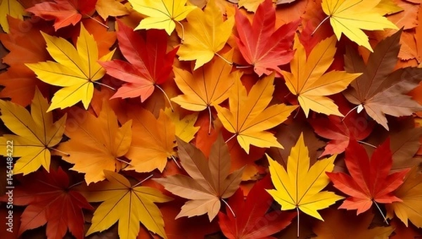 Fototapeta High-resolution top-down photo of colorful autumn leaves in orange, red, yellow, and brown, forming a rich, textured, and natural fall foliage pattern.